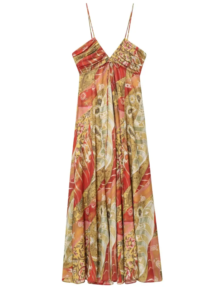 HXAO Slip Printing Womens Dresses Floral Sleeveless Boho Evening Party Long Dresses Summer Beach Bohemian Backless Flower Female