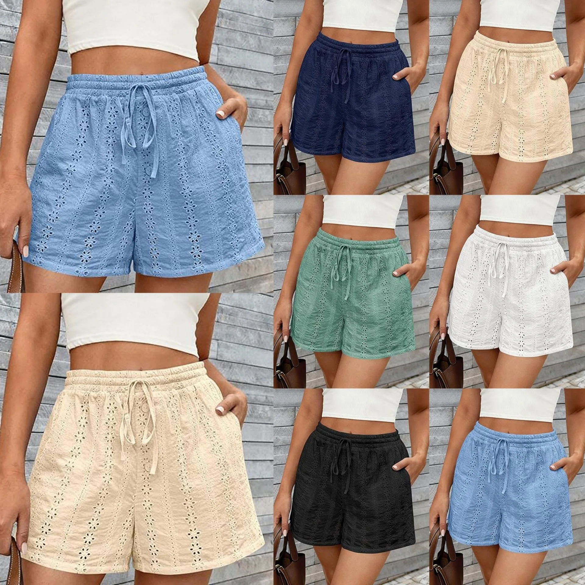 Casual Bohemian Women's Short Pants Elastic Drawstring Waist Hollow out Summer Beach Style Three-quarter Length Sportswear
