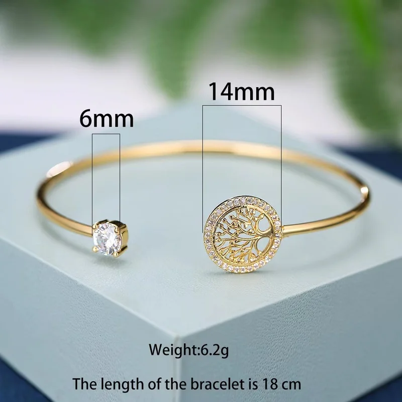 Fashion Tree of Life Open Bracelet for Women White Zircon Charm Gold Color Bangles Boho Jewelry Gift for Women Pulsera De Mujer