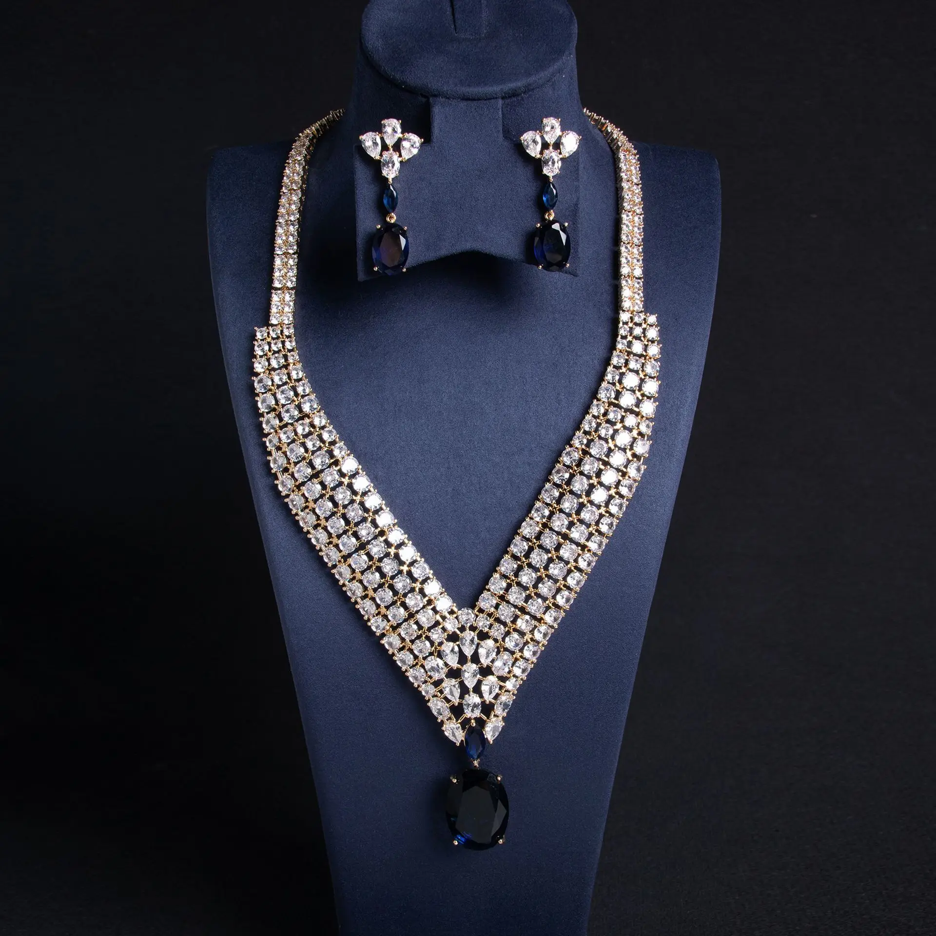 Water Drops Hip Hop Luxury Zirconia Jewellery Necklace Earrings Long Pendant Set Bridal Party Gift Evening Accessories M-296