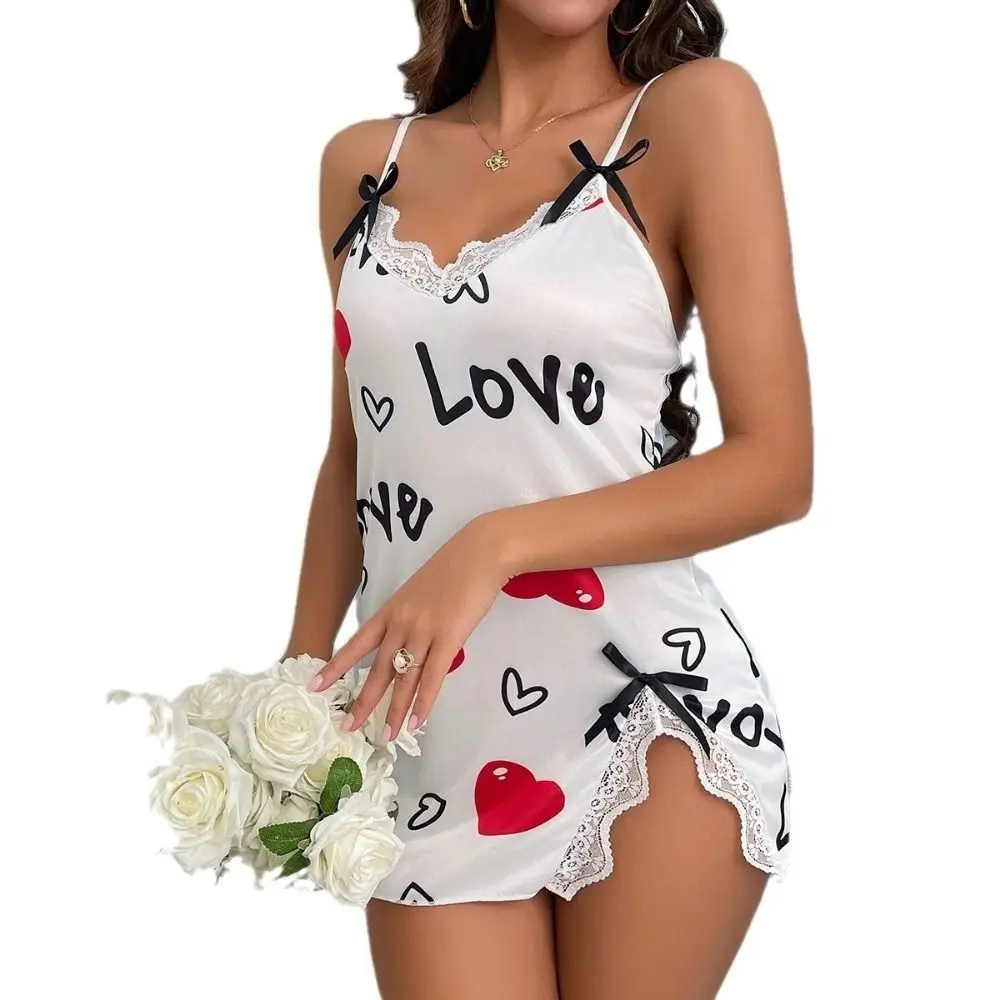 

Suspender Nightdress Heart V Neck Nightdress Letter Deep V Heart Slip Nightdress Pyjamas Side Split Lace Trim Sleep Dress Women