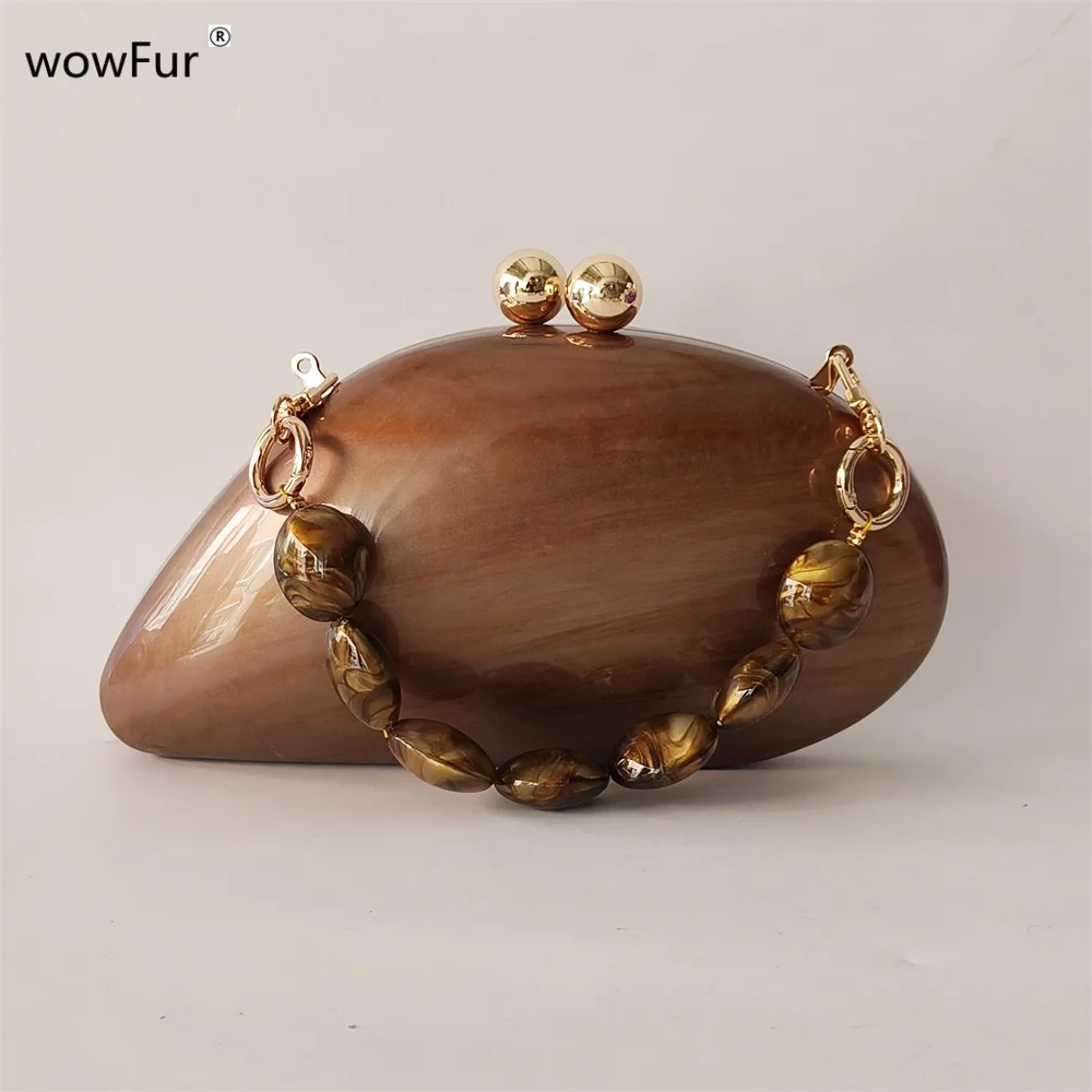 Irregular Dumpling Solid Brown Coffee Acrylic Box Clutches Beaded Handle Purse Bags Women Shoulder Evening Beach Party Handbag