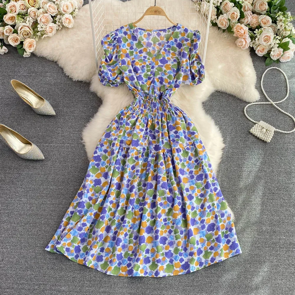 

Summer New French V-neck Women Fragmented Flower Dress Fashion Bubble Sleeves Female Vestidos