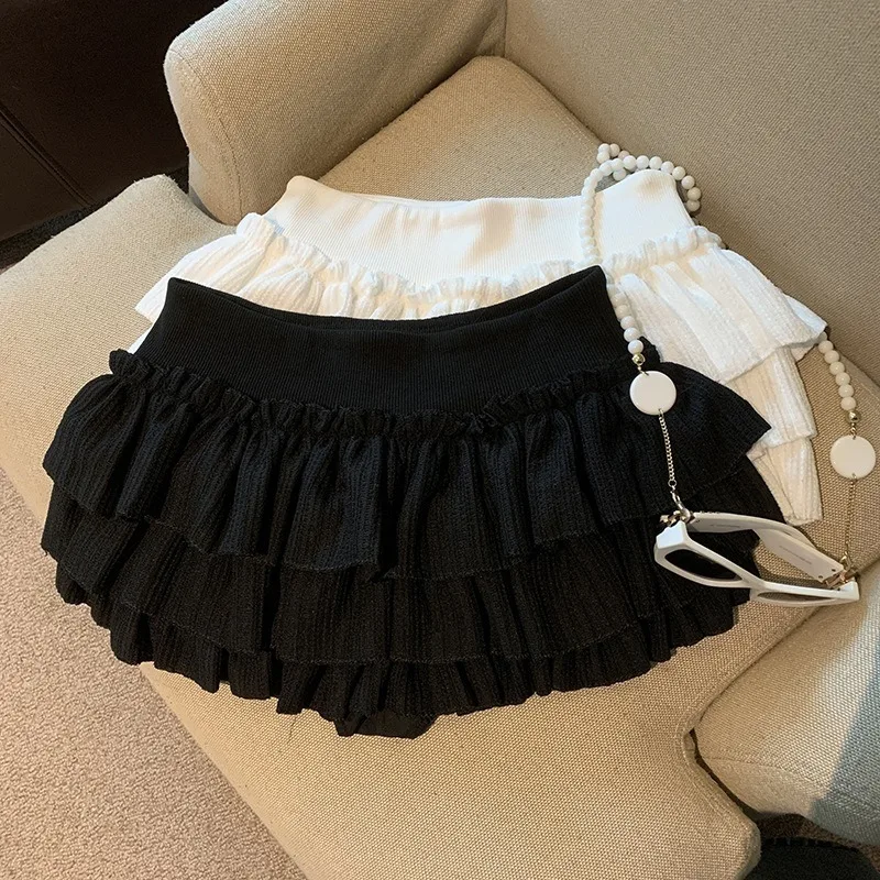 Summer New Women Sweet Puffy White Mini Skirt Ruched Ruffle Skirts Female Casual Campus Elastic Waist A-line Skirts