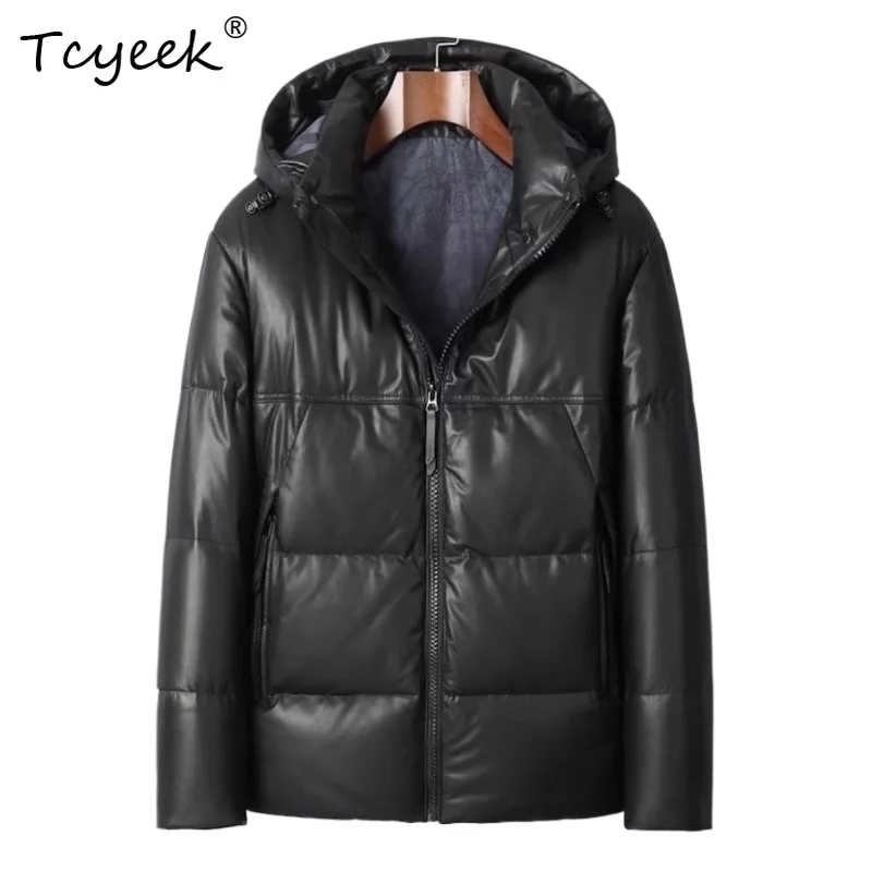 

Tcyeek Верхний слой из коровьей кожи Белый гусиный пух Осень Зима Высококачественная модная черная короткая мужская куртка с капюшоном из натуральной кожи 가죽 자켓