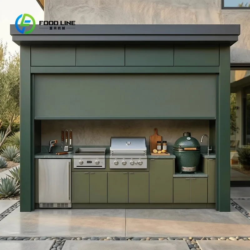 Customized Stainless Outdoor Kitchen Shed Set with Roller Shutters High Temperature Resistance Outdoor Kitchen BBQ Grill Pod