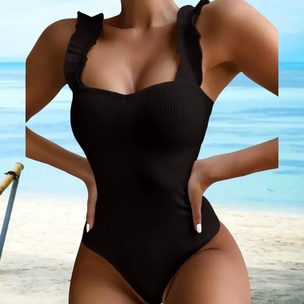 Dames Monokini Backless Ruffle Vierkante kraag Schouderbanden Geribbelde bodysuit Badpak Effen kleur Bikini uit één stuk Strandkleding