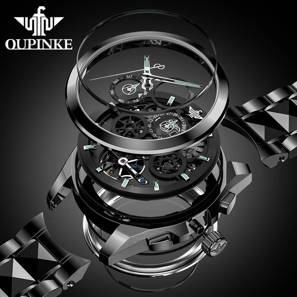 OUPINKE Brand Luxury Mechanical Watches Mens Automatic Luminous Sapphire Steel Waterproof Perpetual Calendar Week Reloj Hombre