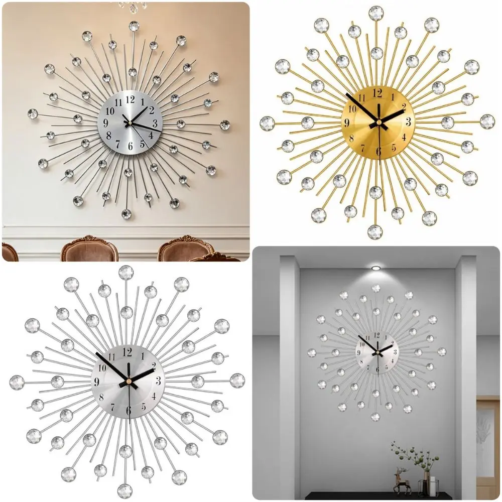 Diamond Studded Metal Wall Clock Iron Silent Movement Decorative Wall Clock Metal Construction Colorfast Wall-mounted Clock