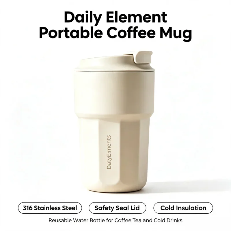 Daily Element Portable Water Cup Coffee Mug 316 Stainless Steel Safety Seal Cold Storage Thermos Cup Leak Proof Snap Lock Lid