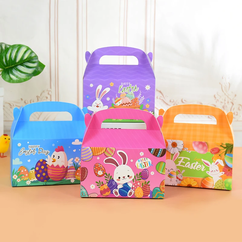 5pcs Easter Cartoon Candy Boxes with Handle Cute Bunny Chick Cookies Gifts Packaging Basket Happy Easter Party Decoration Supply