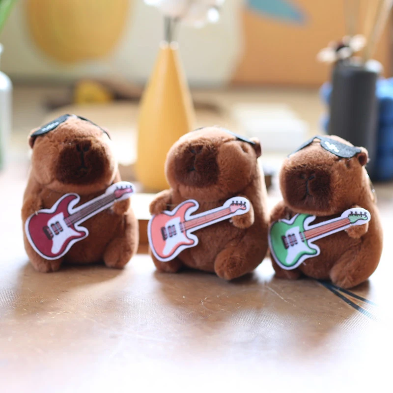 Cute Guitar Capybara Plush Toy Cartoon Guinea Pig Pendant Soft Stuffed Doll Backpack Keychain Bag Car Key Ring Decor Kid Gift