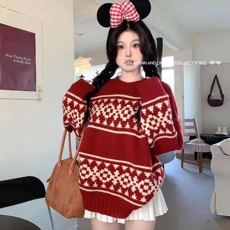 Knitted Red Sweater Women'S Autumn Winter New Christmas Loose Lazy Style Soft Waxy Pullover High-End Contrast Top