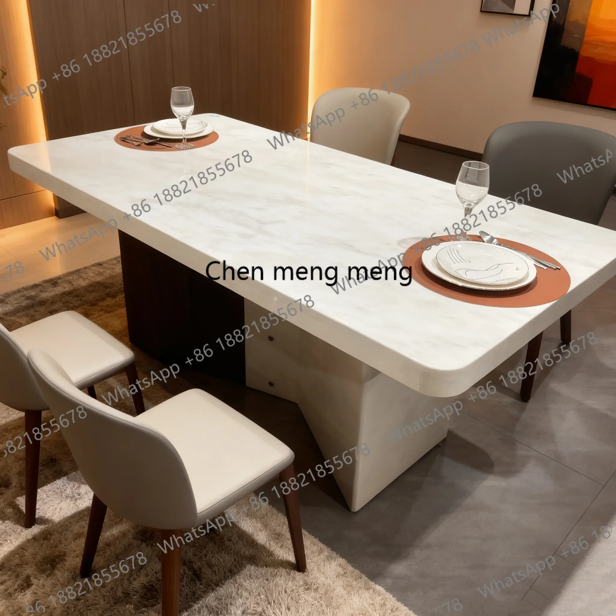 b567 Italian minimalist translucent stone dining table rectangular light luxury household white table stone thickened