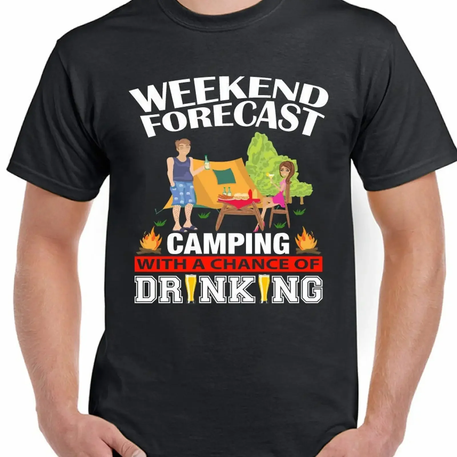 Camping T Shirt Mens Funny Festival Glastonbury V Tent Weekend Forecast Drinking vintage Washed homme Comfortable Slightly