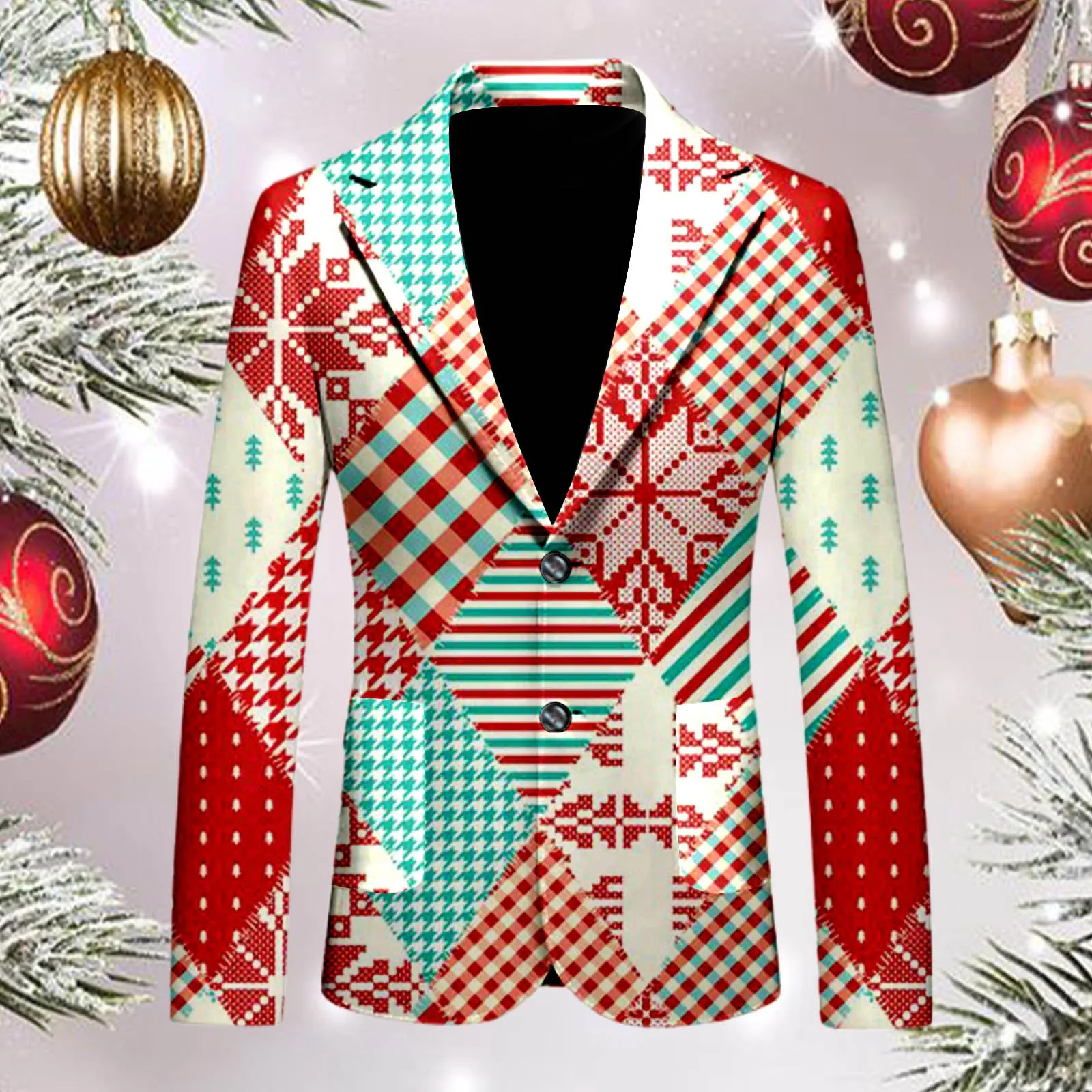 Men\'s Blazers Christmas Funny Cartoon Santa Snowman Printed Loose Single Breasted Casual Fashion Suit Jacket With Pockets