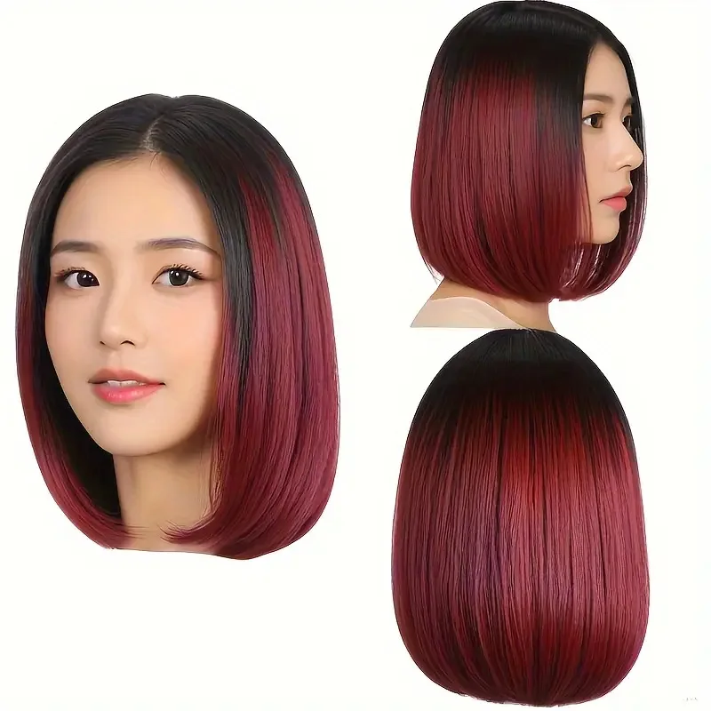 Black Gradient Red Middle Part Short Straight Bob Full Head Wig with Straight Bangs, Easy To Style