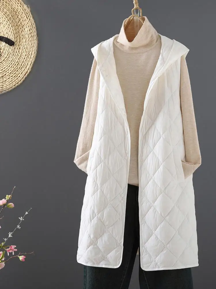 

Winter Down Cotton Vest Women Sleeveless Jacket Vintage Warm Casual Mid Length Coat Ladies Single Breast Long Hooded Waistcoat