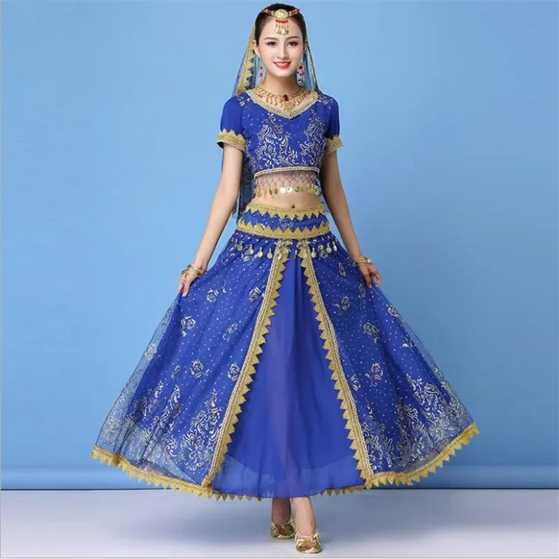 Indian Costumes Set Bollywood Belly Dance Stage Performance Chiffon Top Waist Chain Skirt Women Props