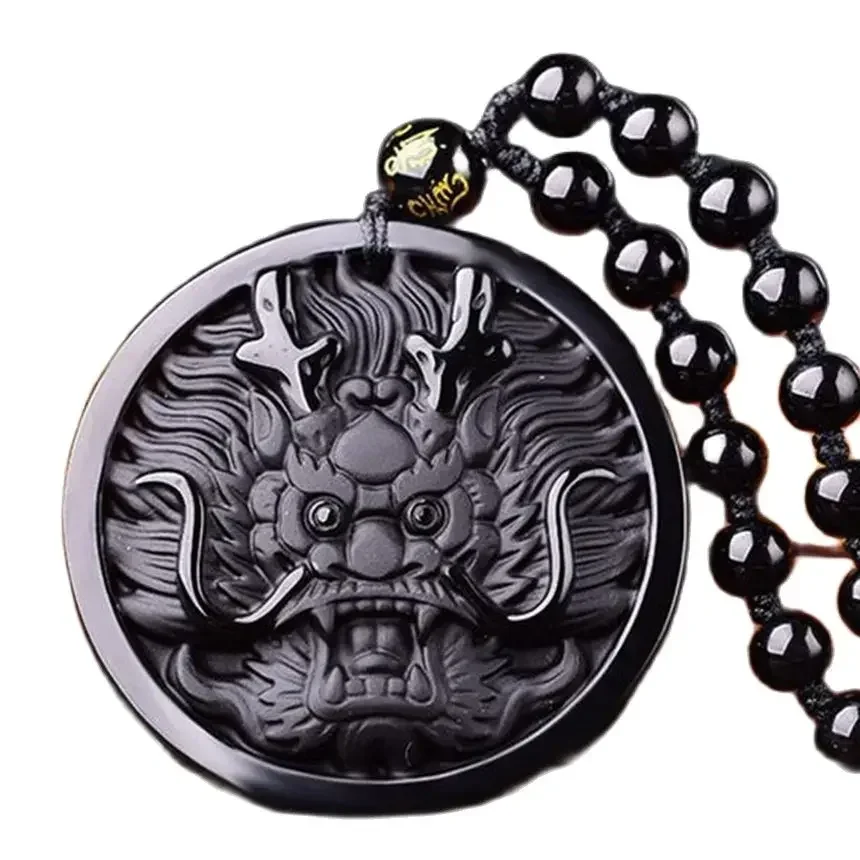 Chinese Handmade Natural Black Obsidian Carved Dragon Head Lucky Pendant Amulet Necklace Charm Crystal Fashion Gift Jewelry