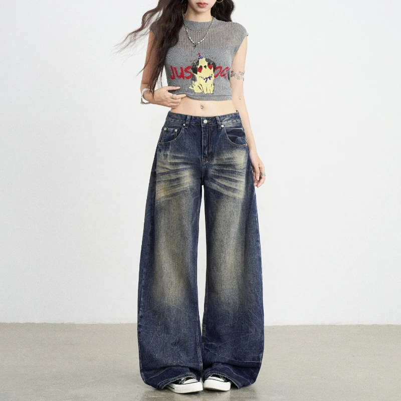 Retro Low Women Waist Curved Wide Leg Denim Trousers Antique Wash with Whisker Design Featuring Drape Daily Street Texture Jeans