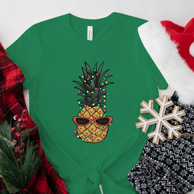 

New Christmas Pineapple Print T-Shirt Women'S Fashion Casual Summer Cool Shirs Unisex Christmas Short Sleeve Tops