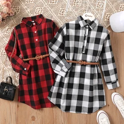 PatPat Kid Girl Dress Plaid Belted Long-sleeve Button Half Placket Children Clothes Dress