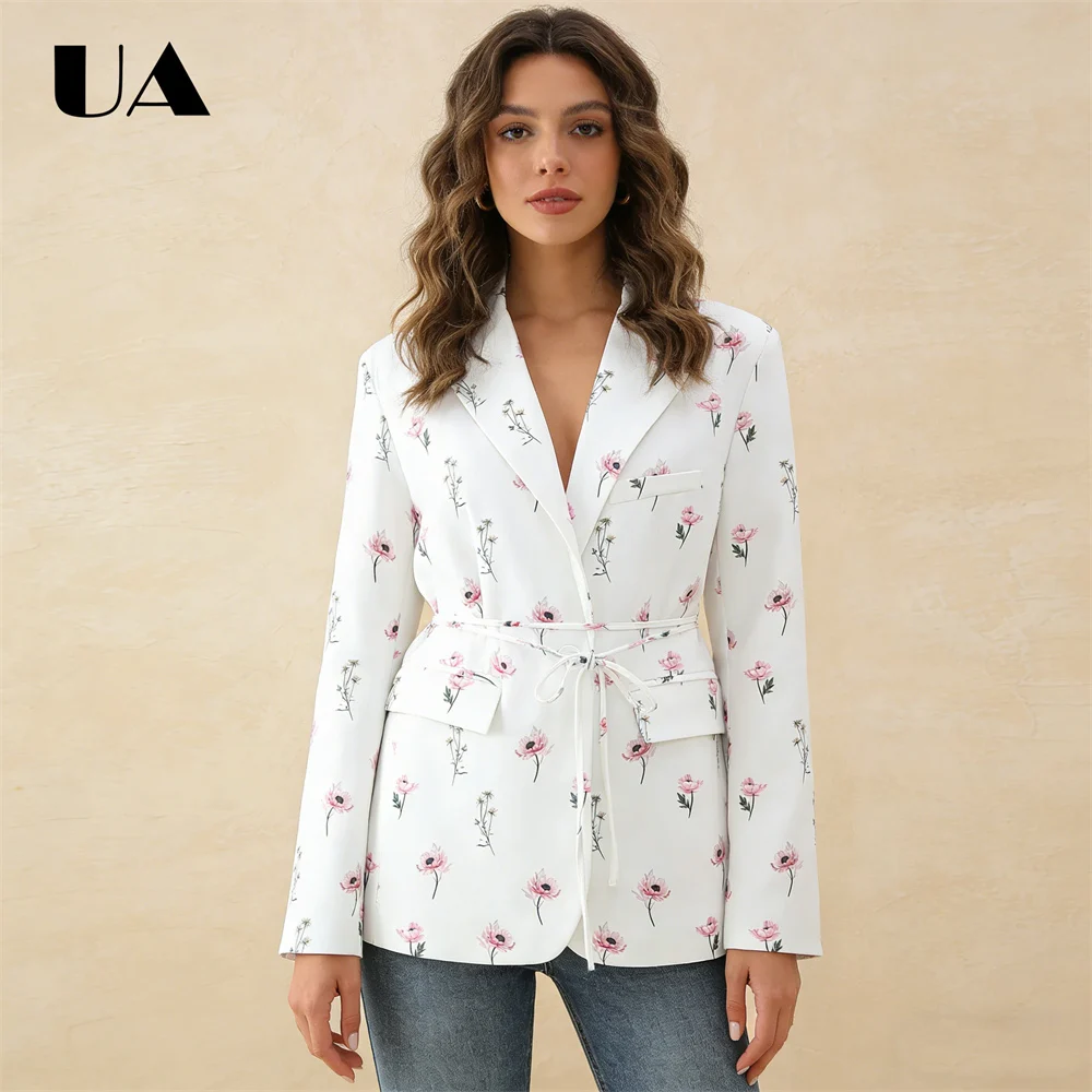 Blazer floral bleu crème à manches longues, veste à revers, ceinture à nouer à la taille, élégant, décontracté, blazer de travail, mode printemps été floral