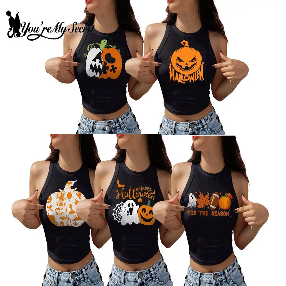 

[You're My Secret] Women Vest Halloween Pumpkin Print O-Neck Sexy Crop Top Shirt Goth Sleeveless Tank Streetwear Slim Tee Summer