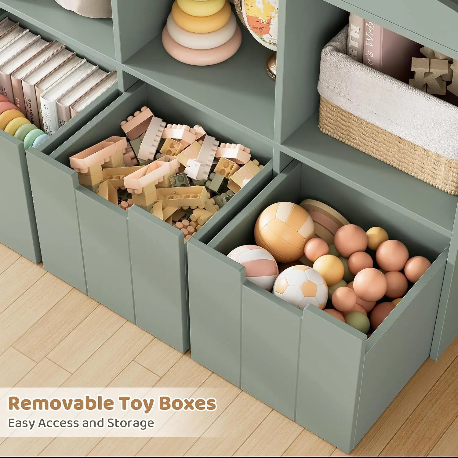 Toy Storage Organizer w/Bookshelf & Stuffed Animal Bin, Green, Customized