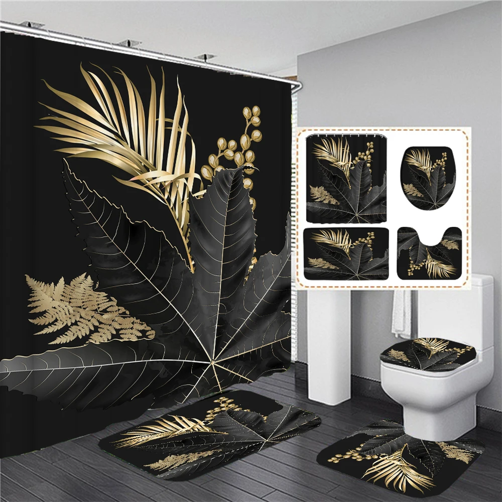 Black and Gold Tropical Plant Palm Leaf Bathroom Shower Curtain Set for Bathtub Exotic Leaves Bath Mats Rugs Toilet Home Decor