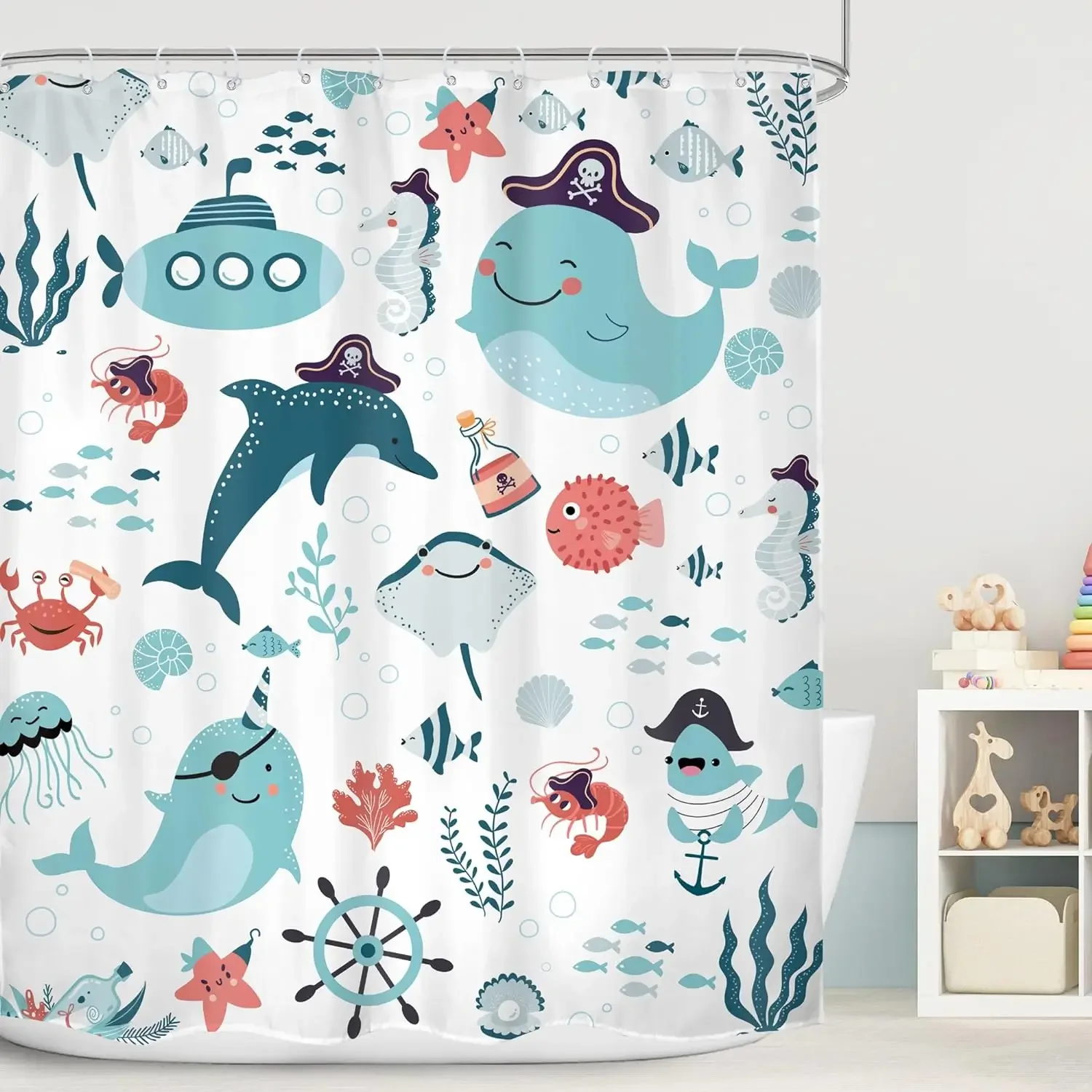 Ocean Cartoon Animal Shower Curtain Pirate Hat Dolphin Sailing Starfish Nautical Polyester Kids Shower Curtains Bathroom Decor