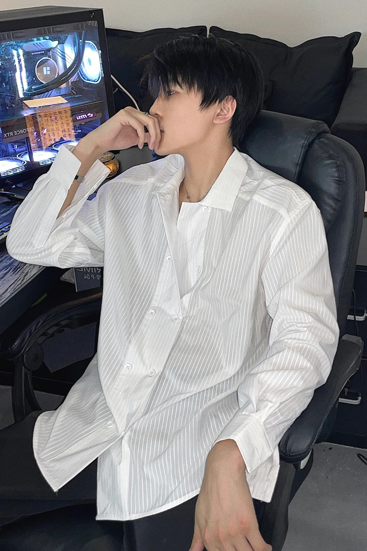 

Double-Button Design Vertical Stripes Men's irt Loose Long Sve Thin No Ironing Casual White irt Cool And Haome