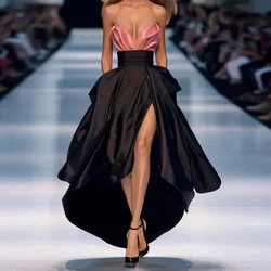 High End Black High Low Skirt Ruffled Satin High Split Women Long Prom Skirt Zipper Waist Asymmetrical Formal Party Skirt Custom