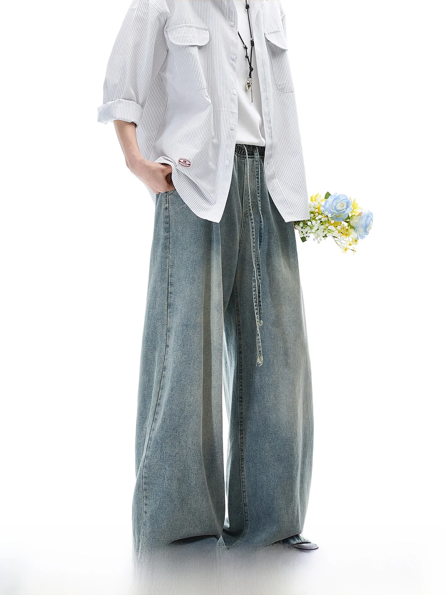 American Washed Drawstring Wide Leg Straight Cut Jeans Men's Spring New Style Casual Comfortable Cotton Blend Trousers