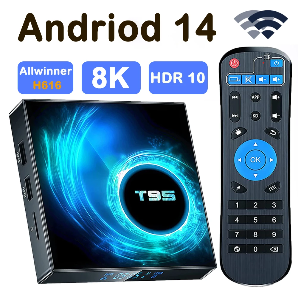 T95 Android TV Box 4K Ultra HD Android 14 Smart TV Box WiFi Media Player Support YouTube Netflix Set Top Box للبث المنزلي