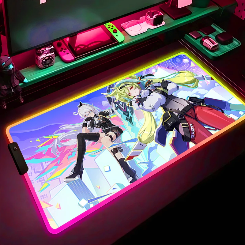 

RGB Gaming Mouse Pad Honkai Impact 3 Desk Mat HD Gamer Accessories Large LED Light MousePads PC Computer Carpet With Backlit