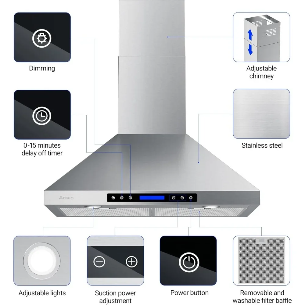 30 Inch Range Hood, with Ducted/Ductless Convertible Duct, 780CFM, 4Speed Touch Panel with 2pcs Adjustable LED Lights