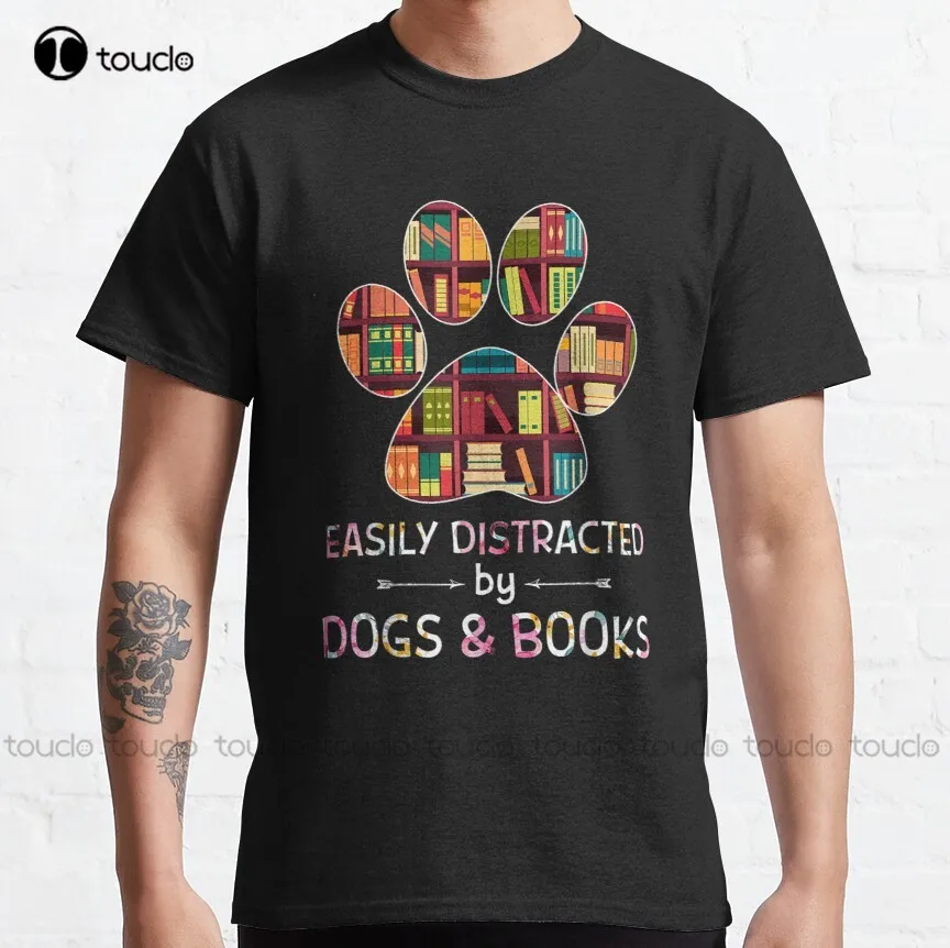 Easily Distracted By Dogs And Books Classic T-Shirt Muscle Shirt Funny Art Streetwear Cartoon Tee Digital Printing Tee Shirts