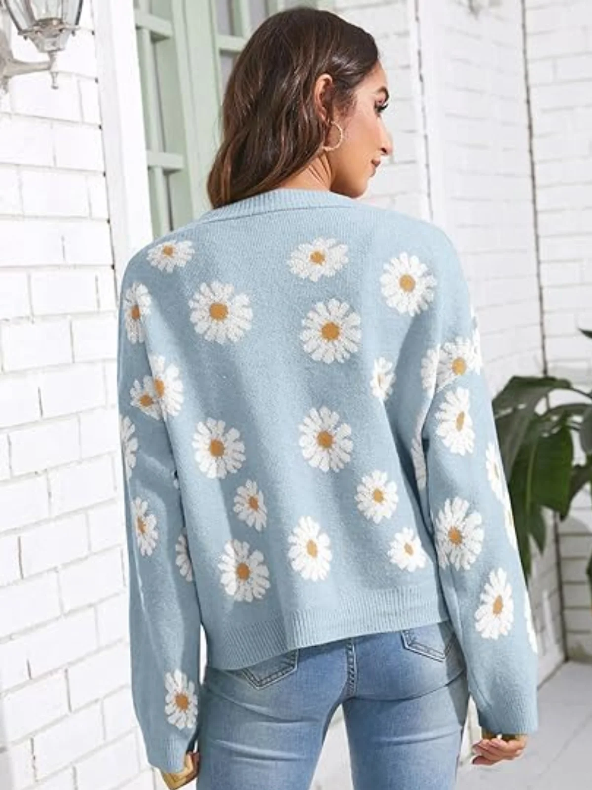 Women's Floral Print Cardigan Long Sleeve Open Front Button Down V Neck Knitted Sweaters Autumn Fashion Cardigan Coats Outerwear