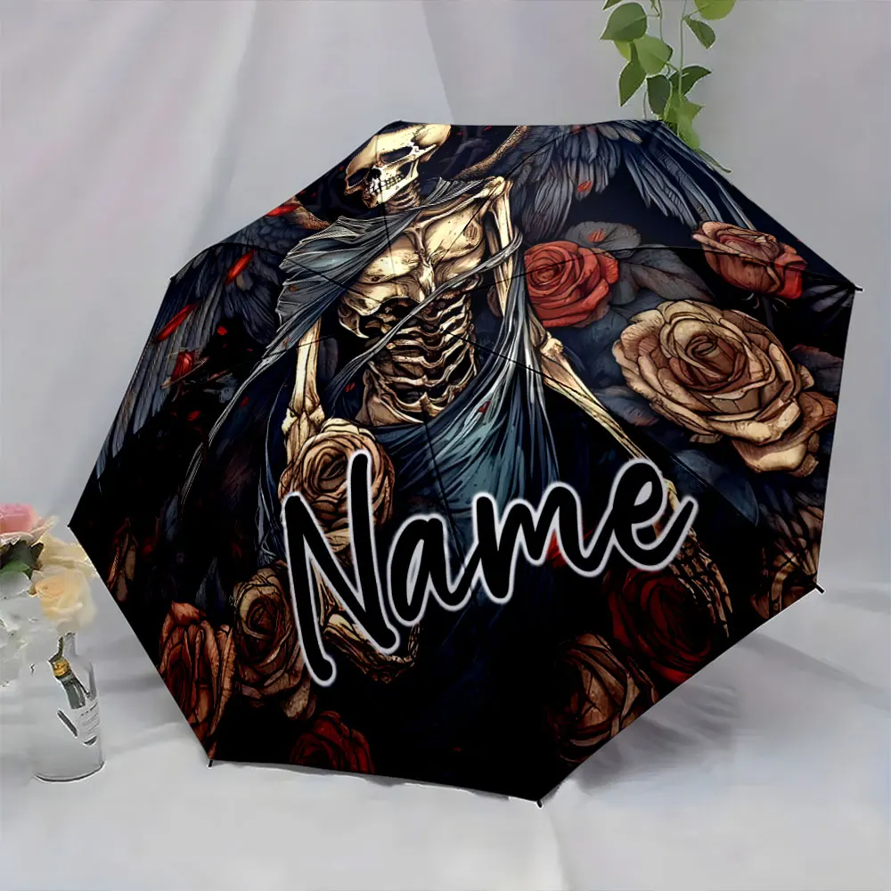 Custom Name Skeleton Angel and Floral Design Umbrella 8 Iron Ribs Folding Umbrella Auto-Open Fashionable Sunshade Deluxe Gift