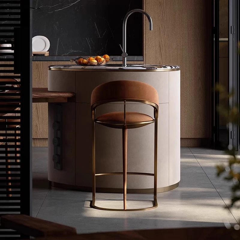 Italian Brown Back Bar Stools Luxury High Design Stainless Steel Bar Stools Counter Modern Minimalist Banqueta Home Furniture