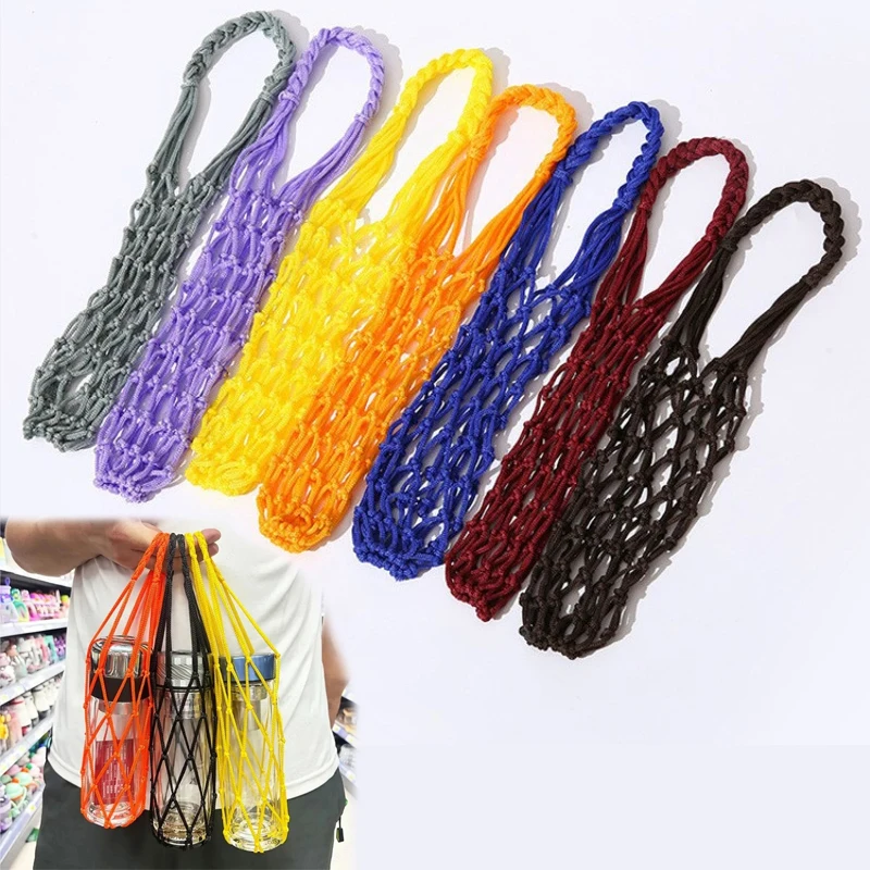 Hand Woven Water Bottle Mesh Bag Cotton Rope Cup Cover Portable Hanging Holder for Outdoor Travel Kitchen Drinkware Accessories