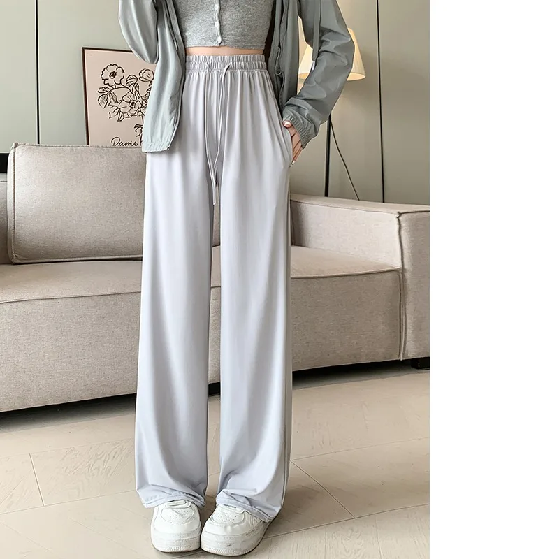 

Spring Summer Women's Solid Elastic High Waisted Pockets Drawstring Sports Casual Loose Wide Leg Trousers Office Lady Pants