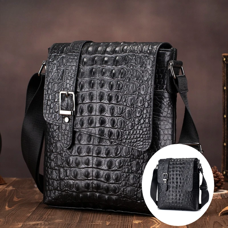 

Genuine Leather Men's Shoulder Bag Fashion Men Messenger Chest Bag Vintage Crocodile Pattern Crossbody Travel Bag