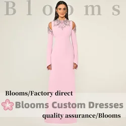 Customized Long Sleeves Beadings Crystal Prom Dresses Pink Floor Length Off-Shoulder Luxury Evening Dresses 2025