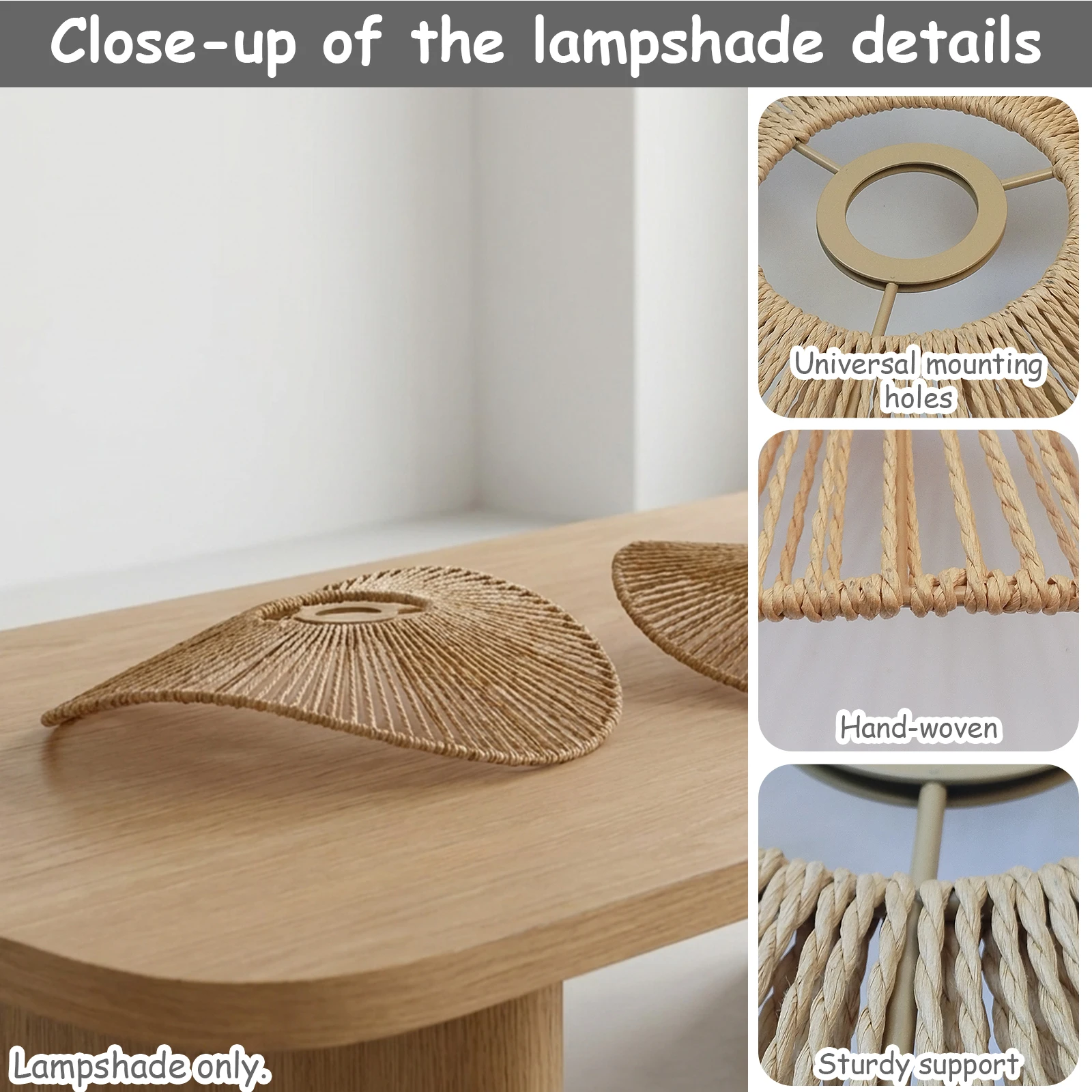 Boho Fan‑Shape Woven Lampshade, Natural Paper Rope Replacement Shade for Ceiling Pendant & Wall Lamp, Rustic Lamp Cover Only