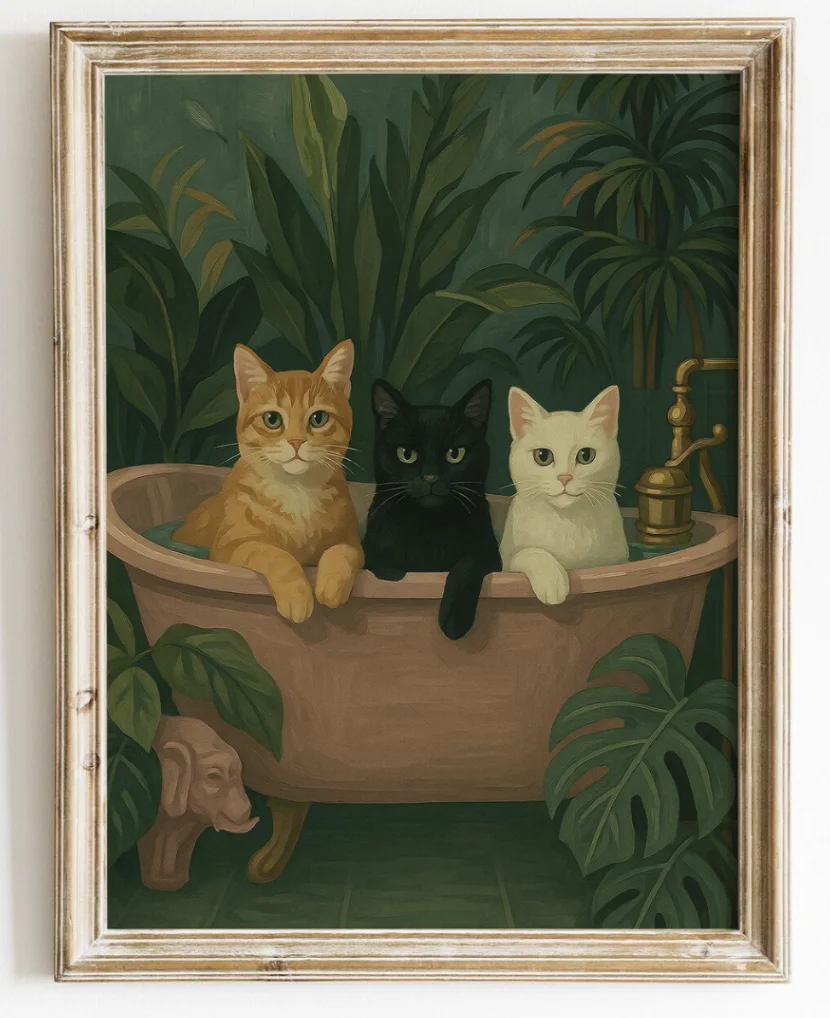 (No frame)Vintage Three Cats Bathtub Canvas Print, Tropical Green Plant Wall Art, For Bathroom, Living Room, Bedroom, Cat Lov