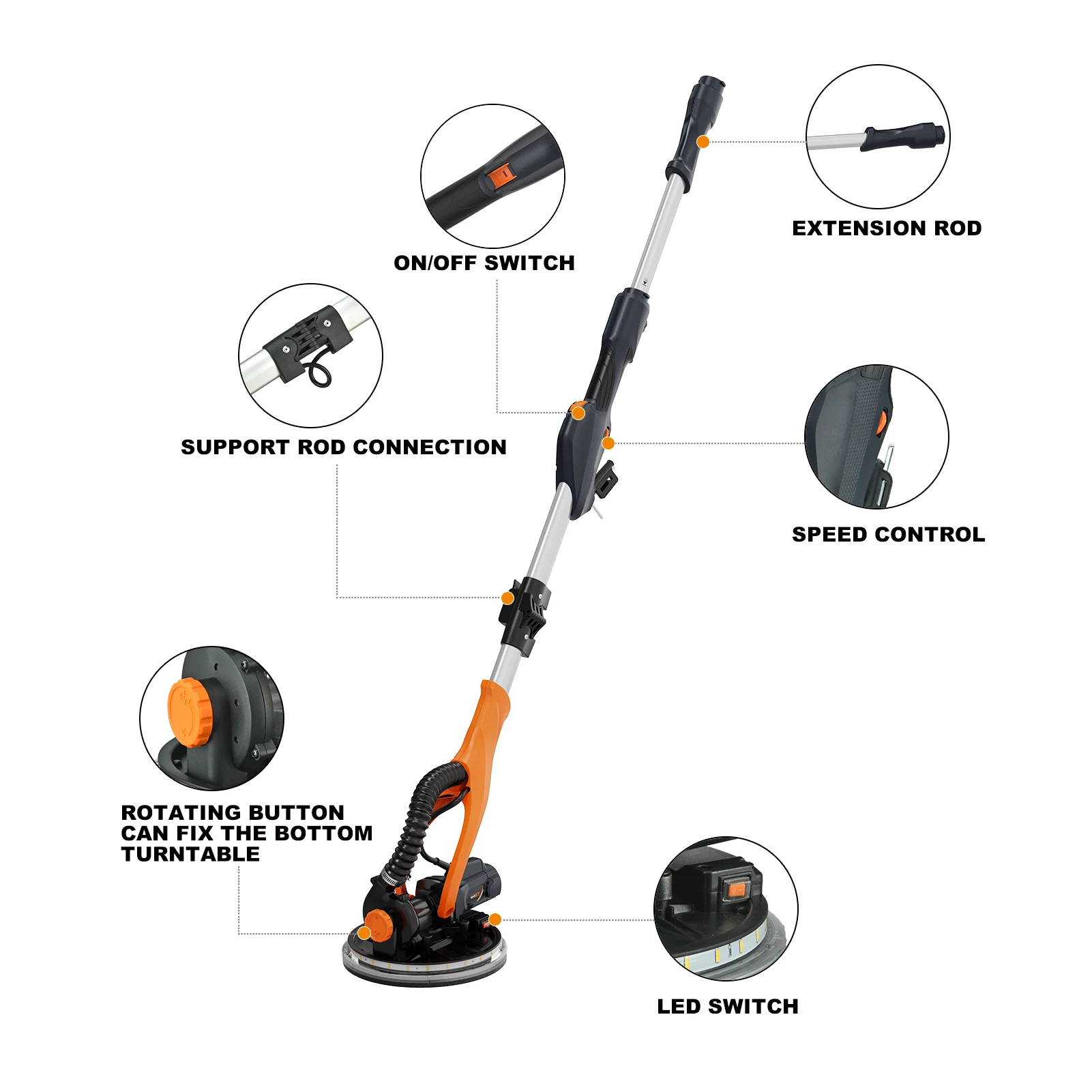 MAXXT Drywall Sander Electric Foldable Wall Sander Real self-Priming System LED Light Telescopic Handle Variable Speed