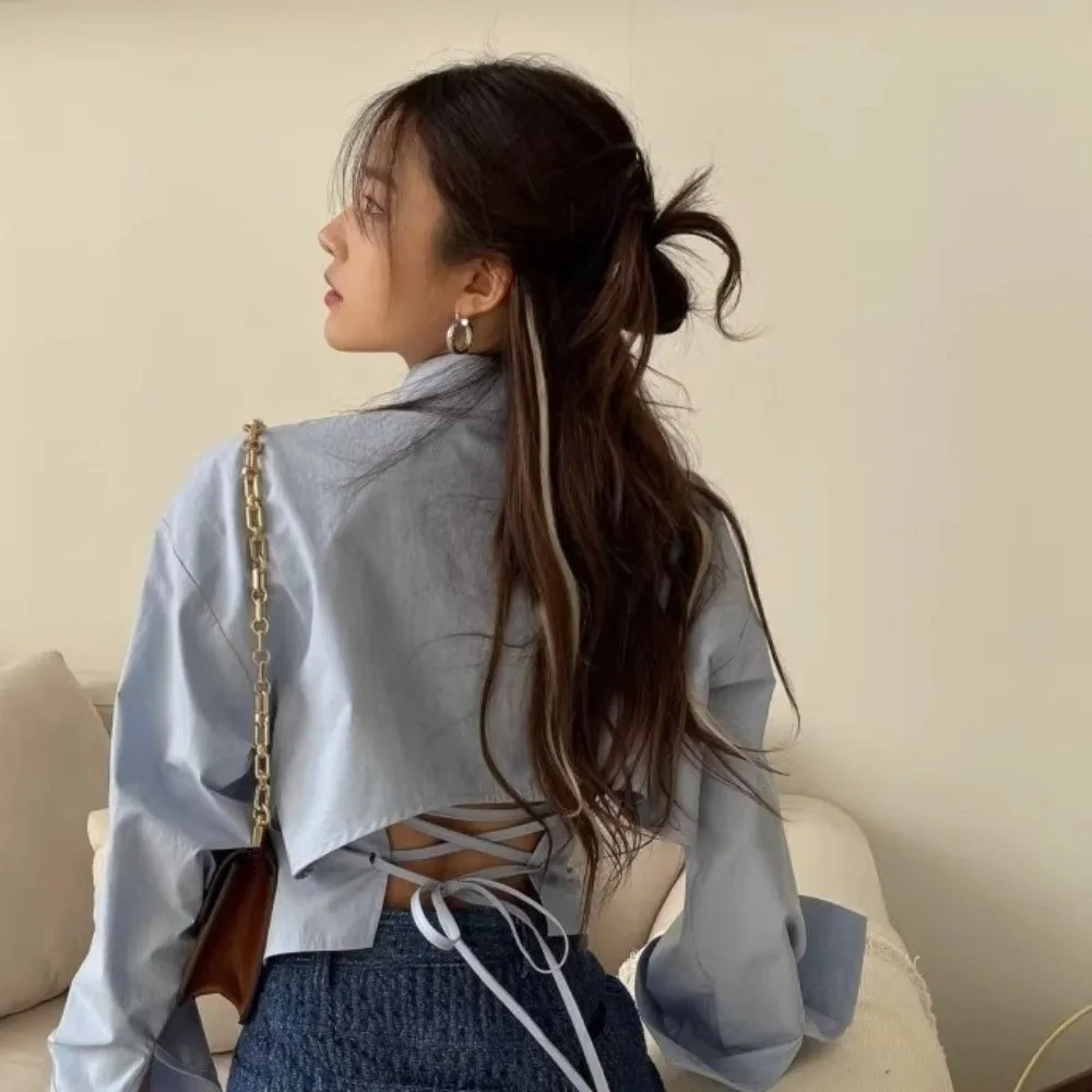 Camicetta corta da donna legata con cintura con scollo a V Camicie a maniche lunghe stile coreano Y2K Camicia streetwear Cintura posteriore legata Camicie slim da viaggio